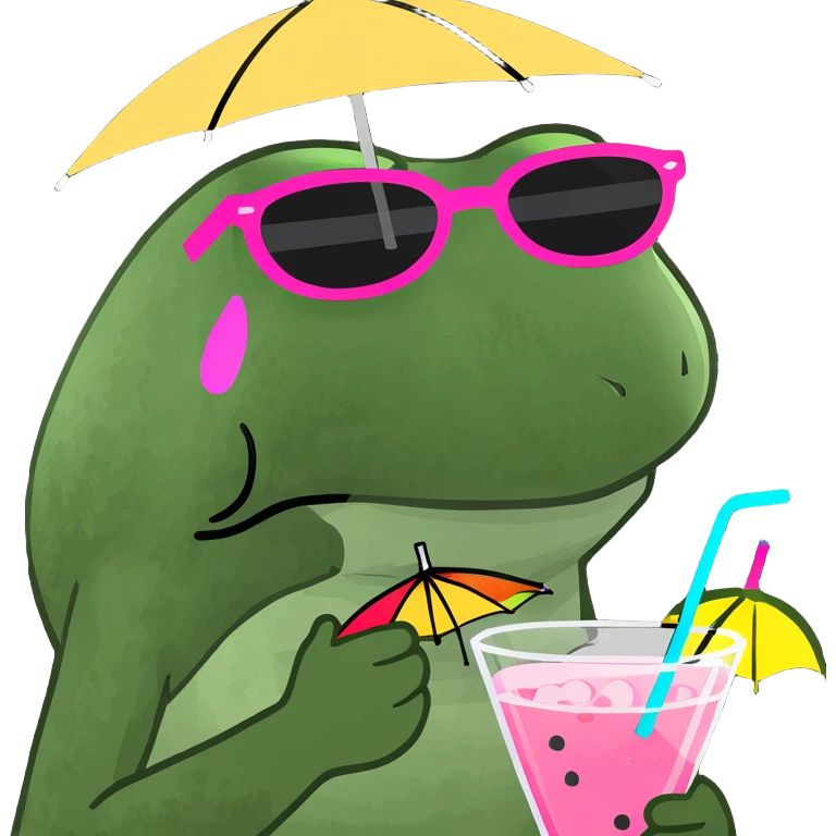 bufo frog with pink sunglasses holding a rainbow cocktail with a tiny umbrella emoji