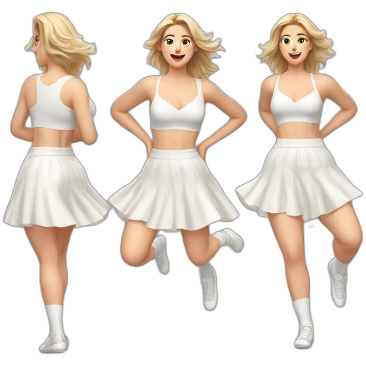Hyperrealistic Full body Caucasian curvy beauty jumping short white skirt back and front views strong wind knickers long white socks emoji