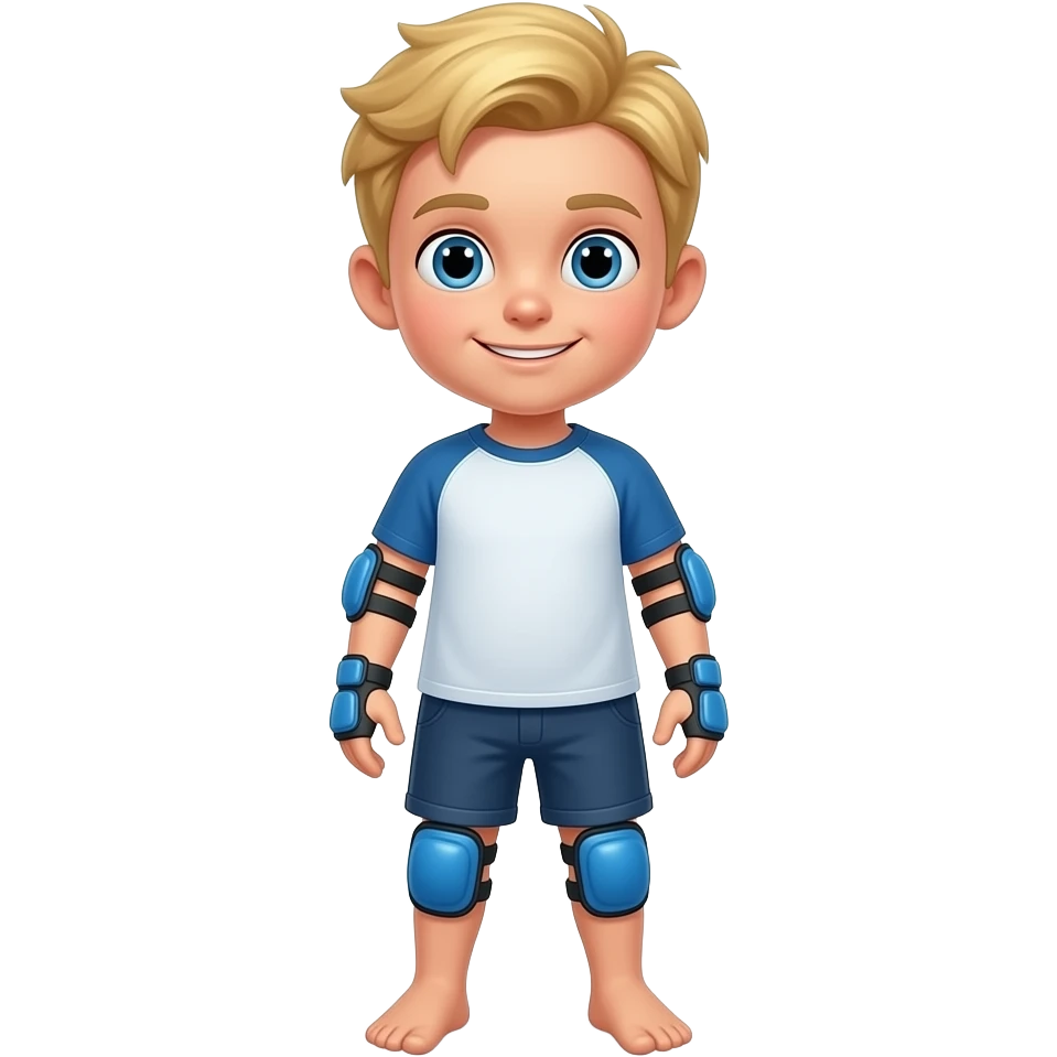 Child boy blonde hair, standing upright, wearing blue elbow pads and knee pads, ready-to-play expression, front-facing pose. emoji