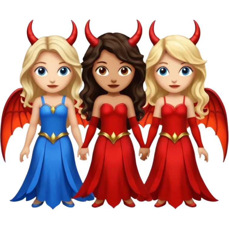 Three women as devil fairies with wings, brown eyed light skin with dark blonde long hair and Brown eyed light skin black long wavy hair and blue eyed light skin long blonde hair emoji