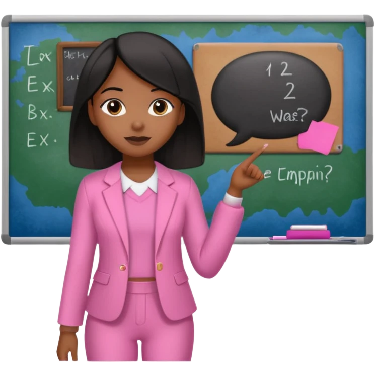 a brown skin teachers with hair that stop at elbpws girl with black straight like hair wearing pink not hot pink 2 piece set teaching up on a board emoji