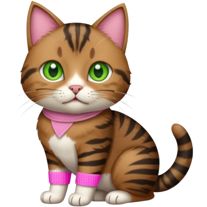 a  brown and black tabby cat, with a pink bandage on her front paw, realistic emoji