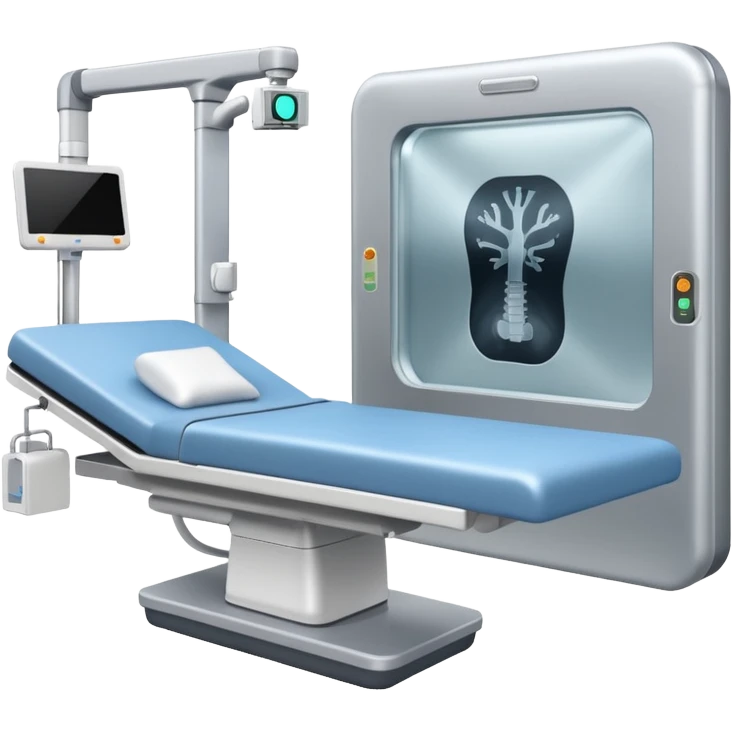 A radiology room showing an X-ray machine and sliding panel bed.
 emoji