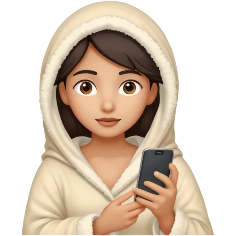 a pretty bratz fair indian girl covered in blanket, wearing beige pajamas, using phone emoji