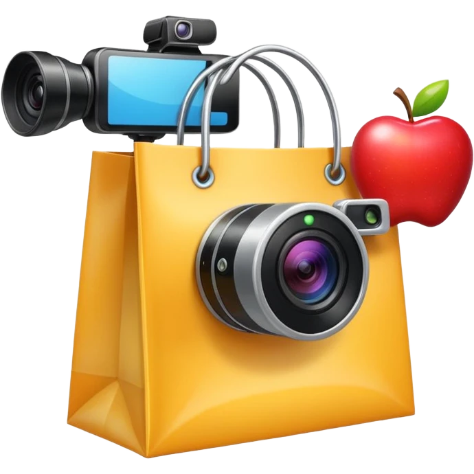 map pin with shopping bag and video camera, modern and bright, apple style emoji emoji