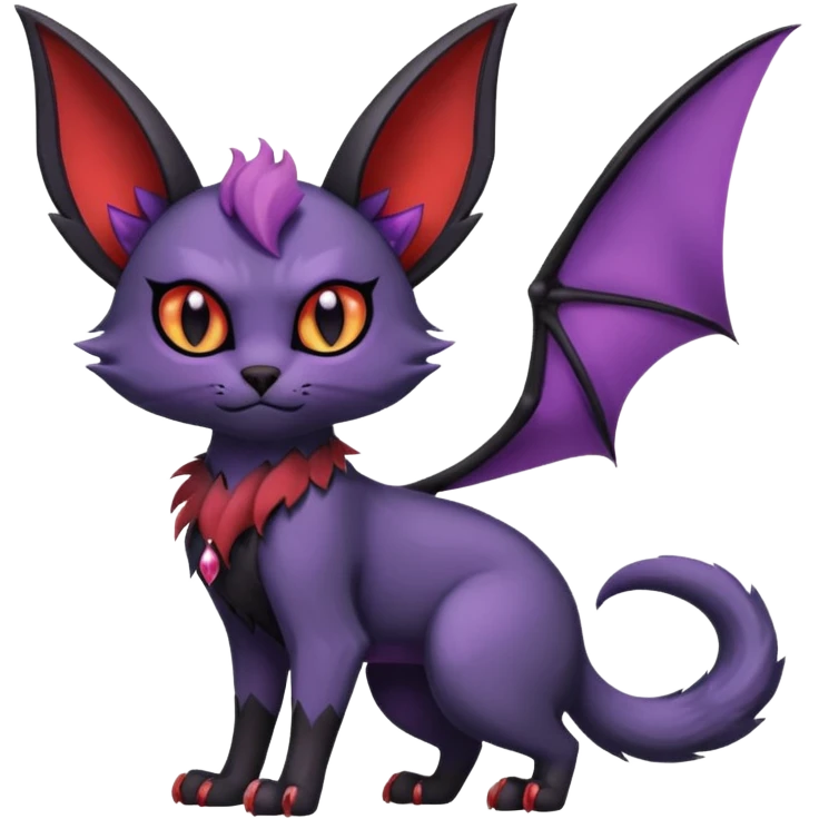 Black edgy Swoobat-Noibat-Purloin-Torracat-Lykoi-Caracal-cat-Fakemon-fusion-hybrid-creature with with tufted ears, tufted tail, bat wings as ears, head wings, ear wings, vampiric, batty, violet and red scale markings emoji