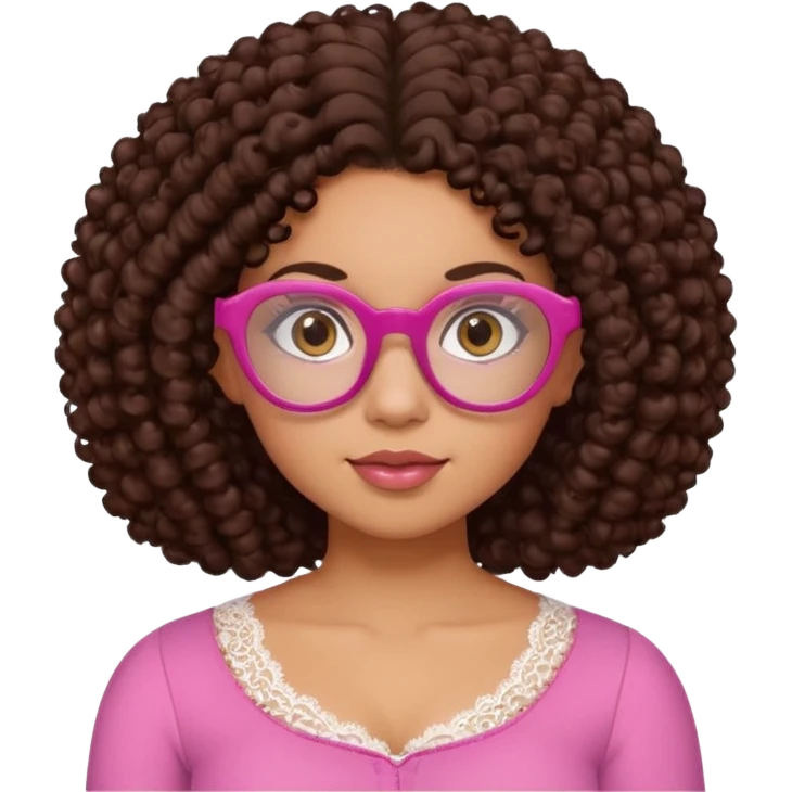 medium-light kinned afro-latina girl with medium length chocolate brown side part curly hair, brown eyes, pink sweetheart necklined top with lace, round wide-ish nose, chubby oblong shaped face, brown glasses emoji