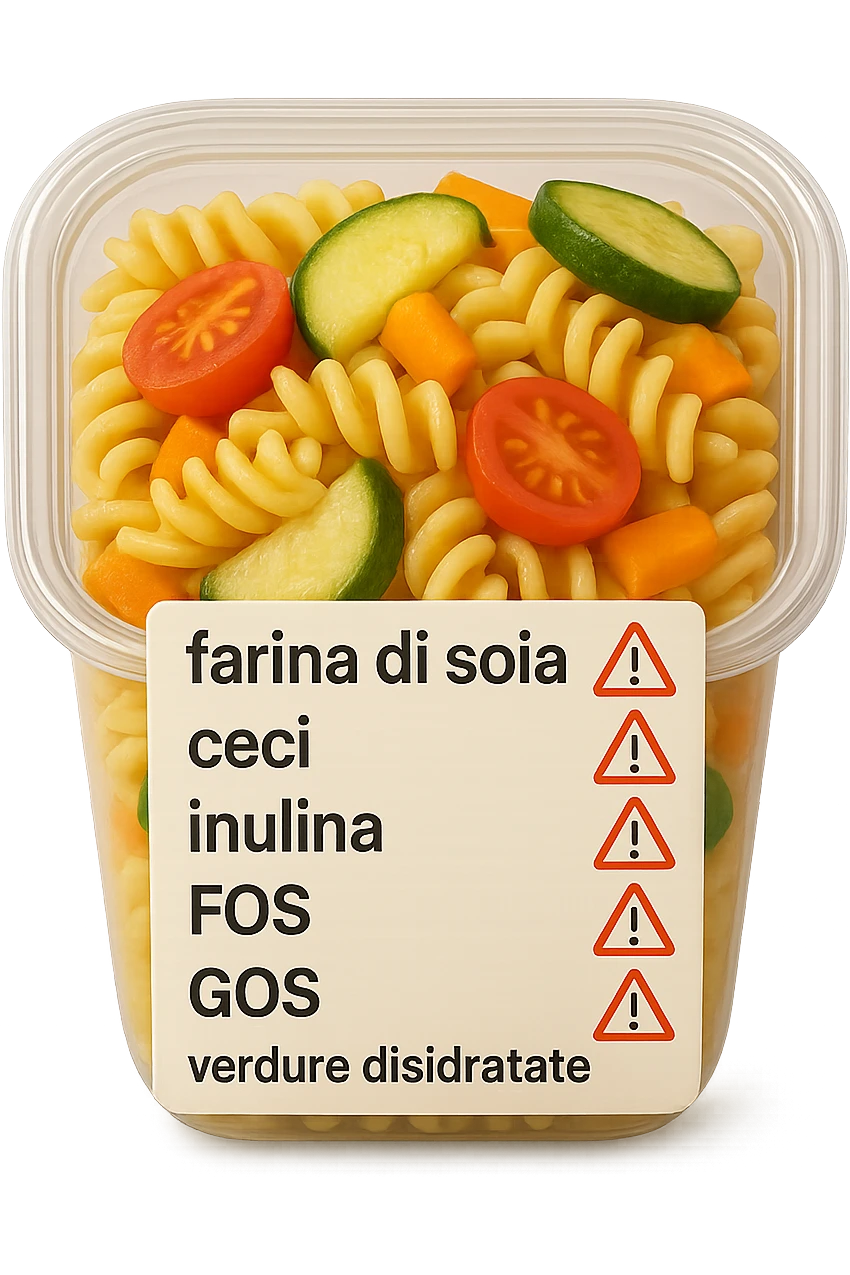 SU QUESTO STILE FAI UN EMOJI STILE IPHONE 3D DI UN insalata di pasta precotta preconfezionata con ETICHETTA CON GLI INGREDIENTI SCRITTI, "farina di soia, ceci, inulina, FOS, GOS, verdure disidratate" accanto ad ogni nome scritto mettici un segnale di allarme, FALLO MOLTO REALISTICO IN 3D emoji