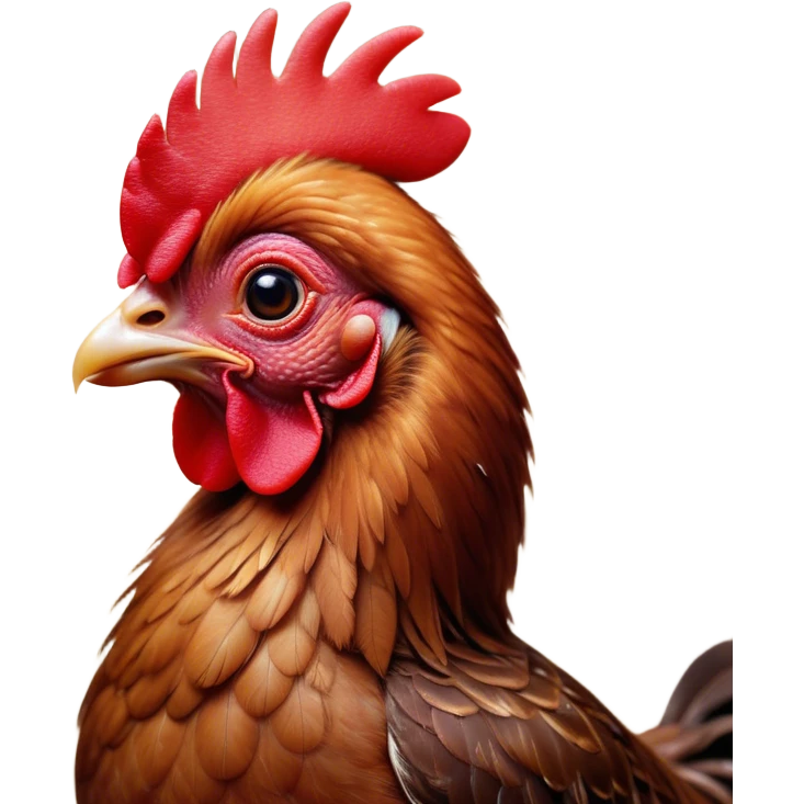 Cinematic Cute Brown Chicken Portrait Emoji, Head tilted playfully and inquisitively, featuring a lustrous brown feathered coat with a natural sheen and a subtle red comb, round, sparkling beady eyes filled with curiosity, Simplified yet irresistibly adorable features, highly detailed, glowing with a warm, friendly glow, high shine, affectionate and lively, stylized with a touch of country charm, bright and endearing, soft glowing outline, capturing the essence of a mischievous yet loving chicken, so playful it feels like it could peck out of the screen and into your arms! emoji