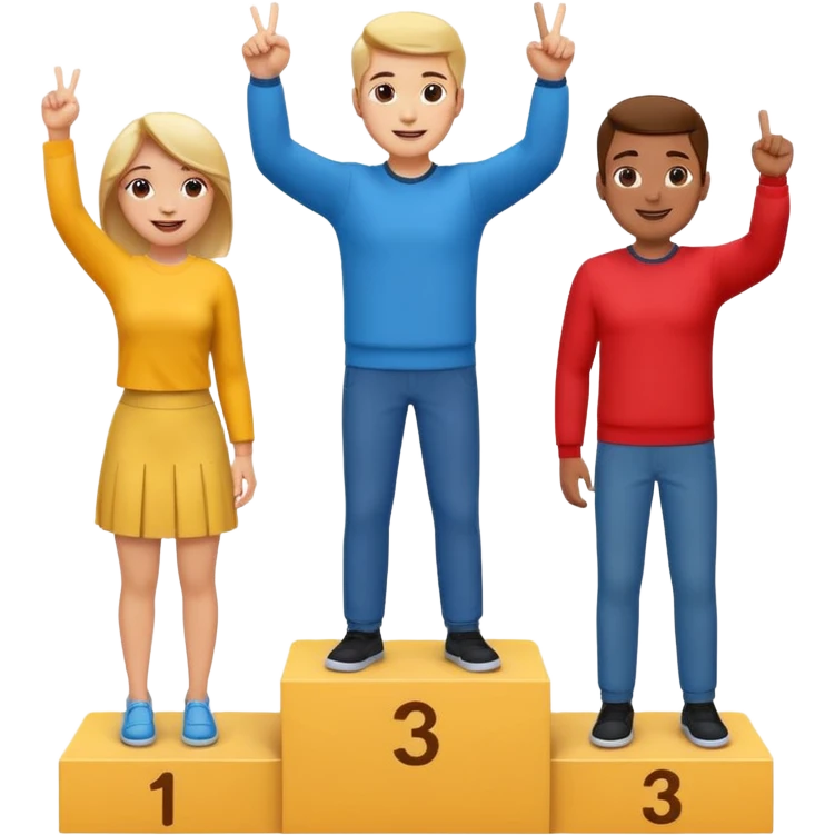 three casually dressed people on a winners podium with no label, middle step higher, each on their step, center person holds up one finger on each hand, fun expressive cheerful emoji style emoji