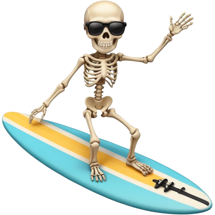 Skeleton riding a surfboard with sunglasses emoji