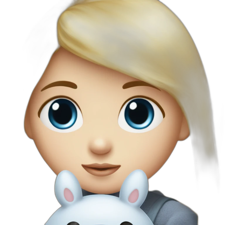 bébé fille blonde décoiffée aux yeux bleus avec une peluche Totoro  emoji