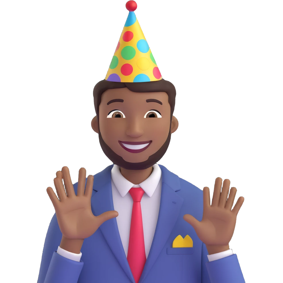 slender African American man celebrating birthday, wearing party hat, smiling, festive atmosphere emoji