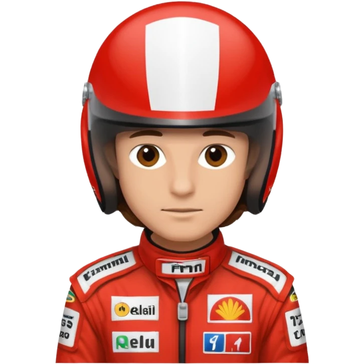 Man, brown eyes, brown silky hair, lightly tanned, wearing a formula one outfit emoji