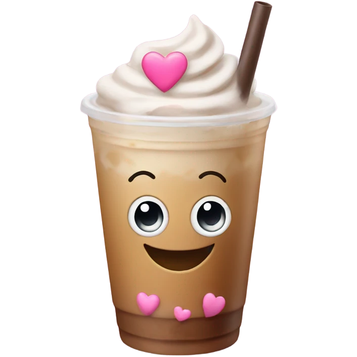 Happy face with iced coffee and pink hearts emoji
