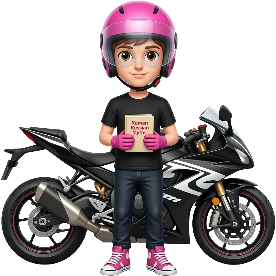 a young man with black clothes wearing pink sneaker and pink gloves, he also wears a pink helmet with an  unvisible vision, he stands in front of a black white motorcycle and is holding a ROMAN RUSSIAN MYTHS emoji