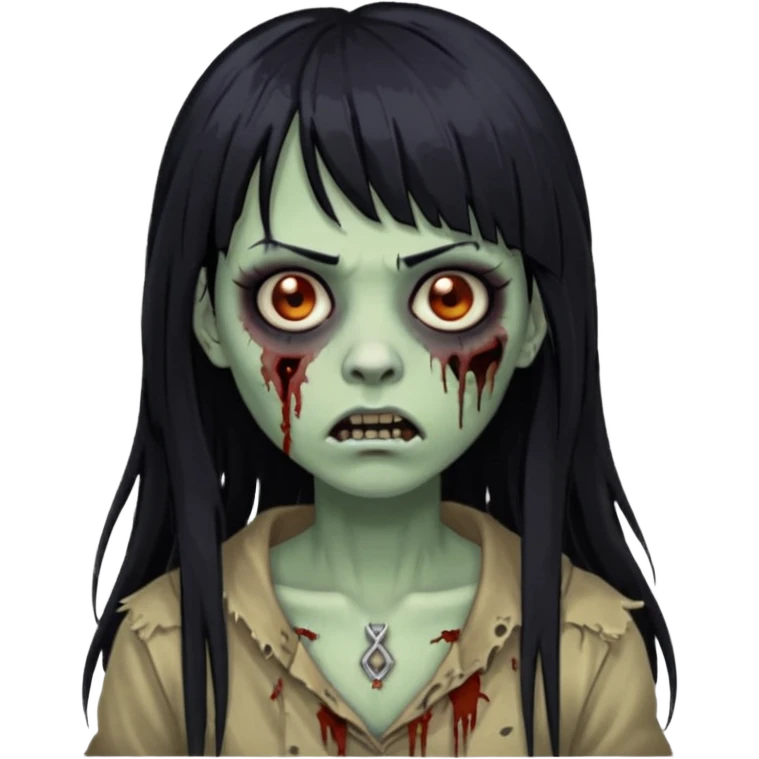 Emoji de zumbi mulher de cabelo comprido preto franja e piercing no septo emoji
