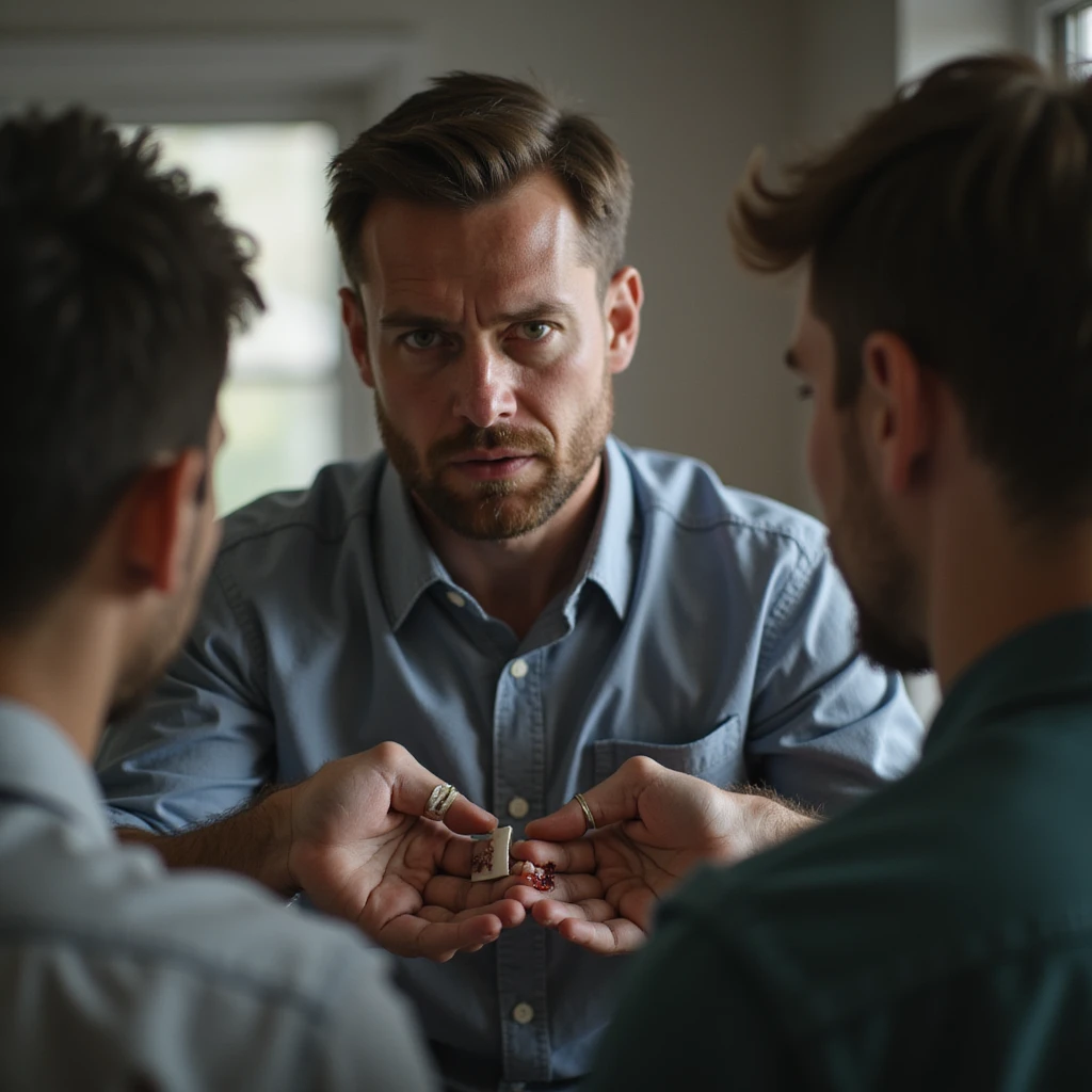 Man showing a small bandage or minor wound to several people, dramatic expression, seeking others' reactions, work or home environment, hyperrealistic 4K details emoji