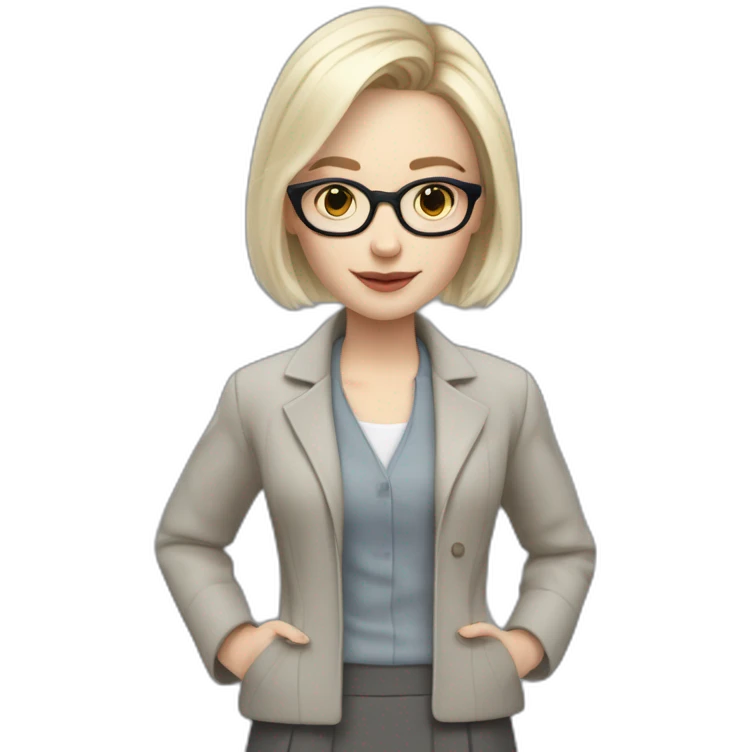 full height pale skin woman with cold blonde straight hair, care haircut, White blouse, Gray oversize jacket, Gray skirt and glasses in a thin rim holding a color palette in the hands emoji