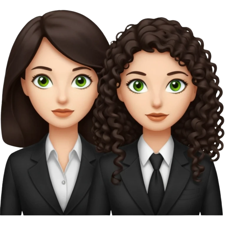 Two besties as agents, 1: long ironed straight darkbrown hair, green eyes, 2: long curly darkbrown hair, brown eyes  emoji