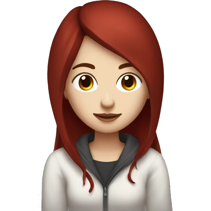 Woman  that has white skin and Long Dark red hair playing on pc setup cozy emoji