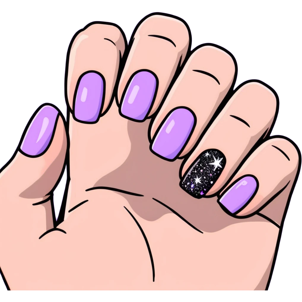 lilac pastel manicure with glitter effects emoji
