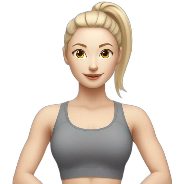 Pale skinned fit woman In a gray tight yoga suit With ash blonde hair in a ponytail doing yoga emoji