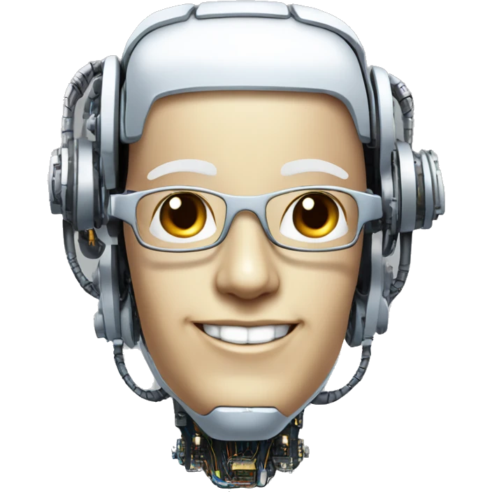 Robotic Cyborg head with fair skin, flat top haircut, rectangular glasses, circuits and smiling  emoji