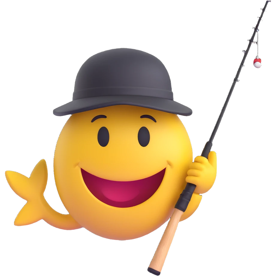 smiley face holding a fishing pole and wearing a fishing cap emoji
