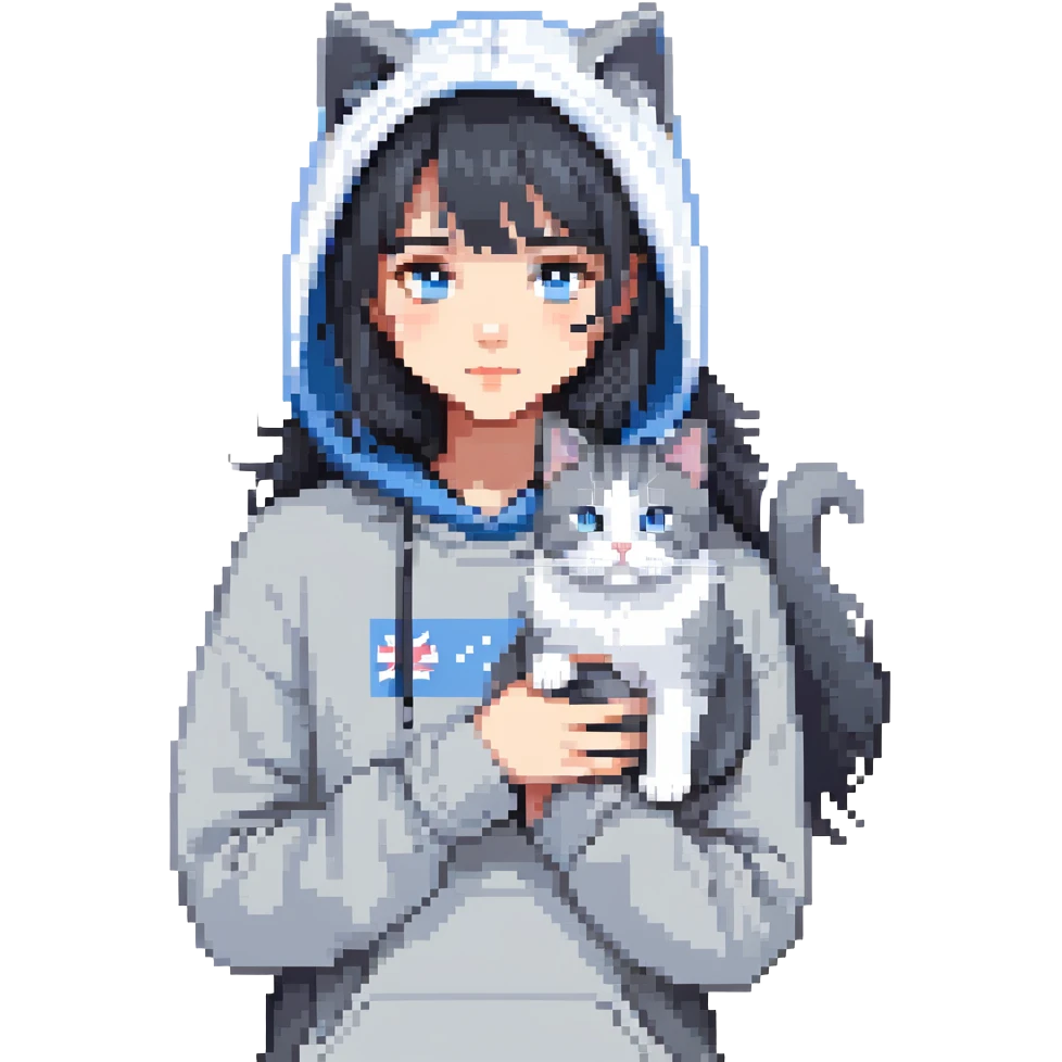 Girl with black hair in gray hoodie with a British shorthair blue and white cat and a long-haired blue and white cat emoji