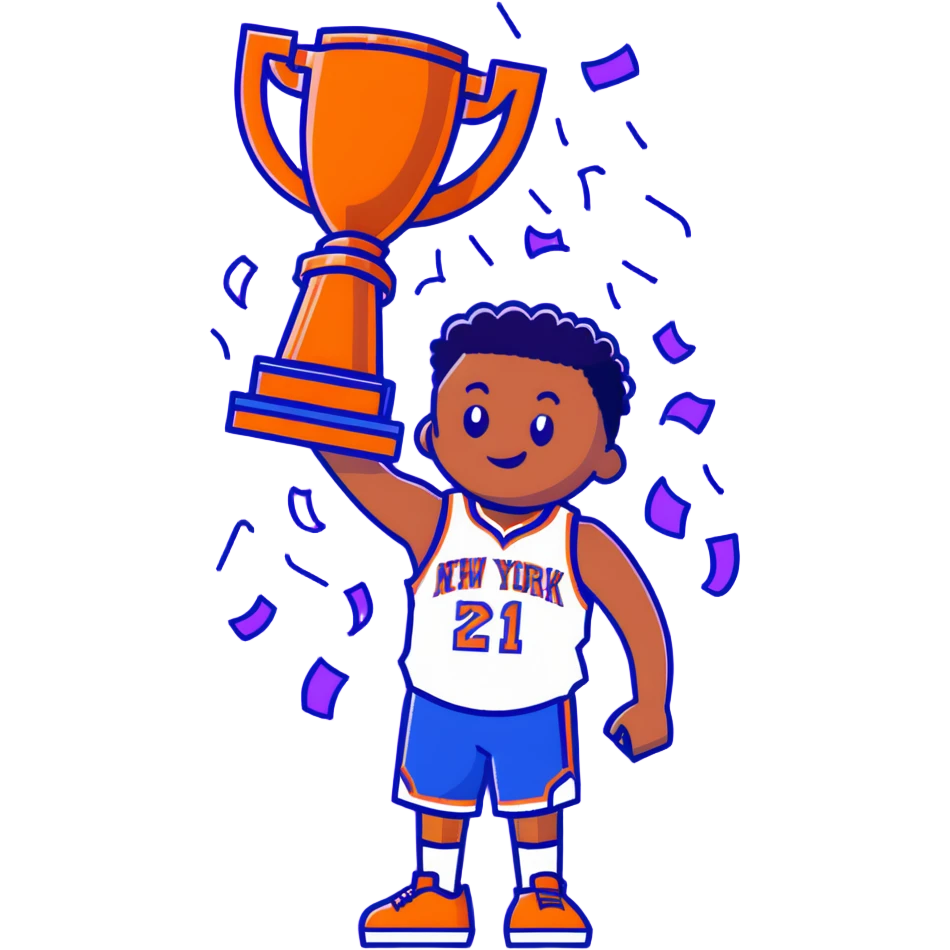 New York Knicks basketball player celebrating with NBA championship trophy, confetti, blue and orange emoji