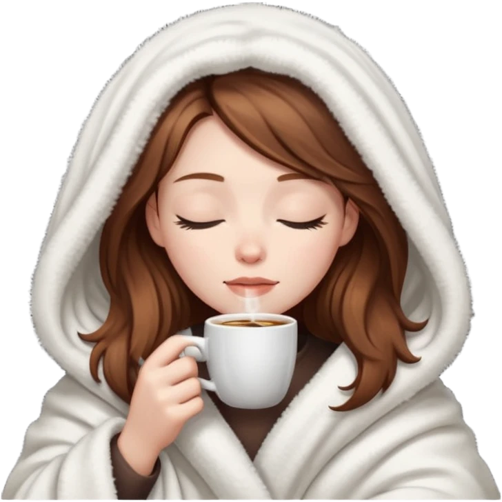 brown-haired white girl inside a blanket sipping coffee eyes closed emoji