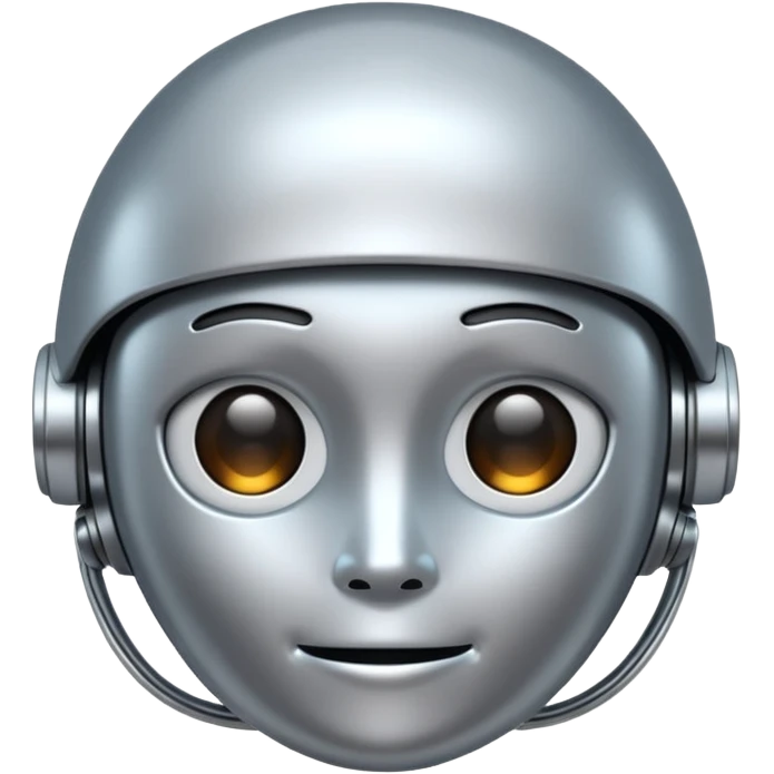 A cute futuristic robot emoji made of silver chrome, rounded friendly body, minimal facial features, glossy metallic surface, soft reflections, iOS emoji style, centered, clean white background emoji