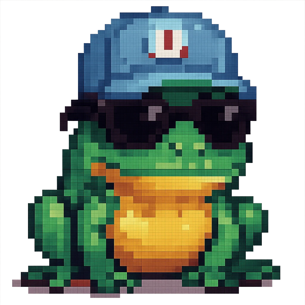 Tiny tropic frog wearing a baseball cap and sunglasses, pixel-art style emoji