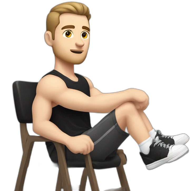 Pale skinned Fit Man With the biceps and dark brown hair in black shirt, gray sports shorts and white Sneakers Sitting on a chair emoji