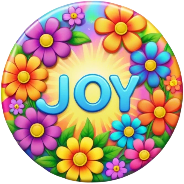 A round psychedelic colored button that says joy with rainbow colored hippie style flowers emoji