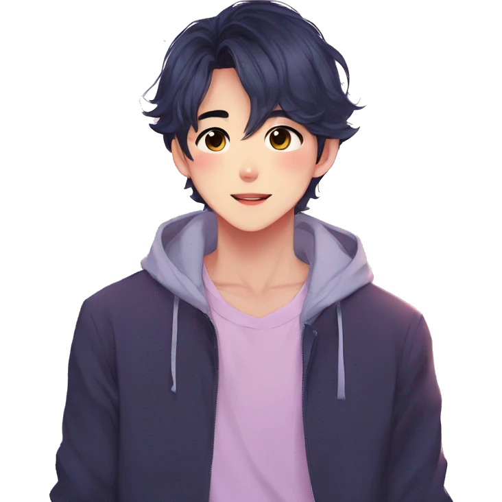 Gorgeous bright sparkly romantic Asian anime pastel guy with blushing face aesthetic trending style outside emoji