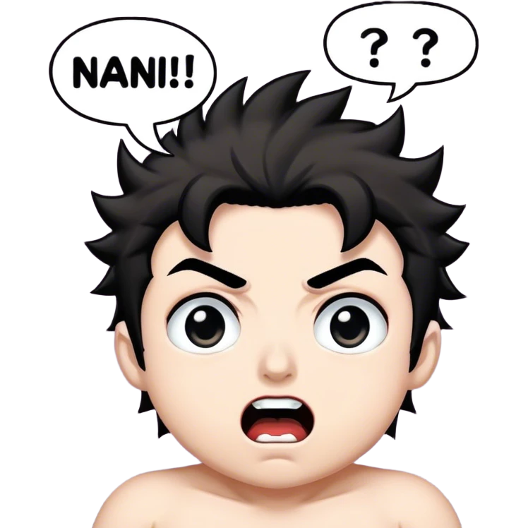 Create an anime-style emote featuring an exaggerated shocked expression. The face should have wide, bulging eyes, raised eyebrows, and an open mouth, as if shouting. Add a jagged speech bubble or impact effect to emphasize the exclamation. Include the bold, capitalized text “NANI?!” in a dramatic, comic-book style font. Enhance the intensity with spiky background lines or manga-style emphasis strokes. Optionally, incorporate a sweat drop, exclamation mark, or red/orange highlights on the face to convey heightened emotion. The emote should have a chibi-style, pixel art, or high-contrast shadowed variation to match different artistic interpretations of the iconic anime reaction. emoji