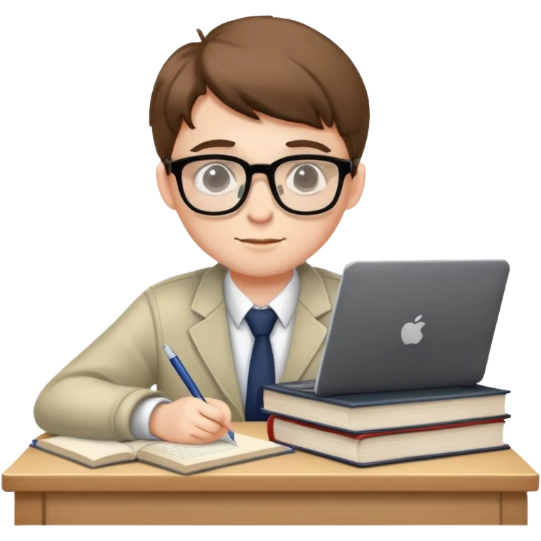 Student with glasses studying at desk with books and laptop emoji