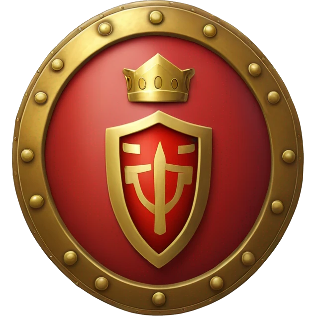A bright red, oval-shaped Roman legionary shield with bold golden edges and a central gold boss. The shield features subtle geometric patterns and a worn texture, symbolizing both protection and battle readiness emoji