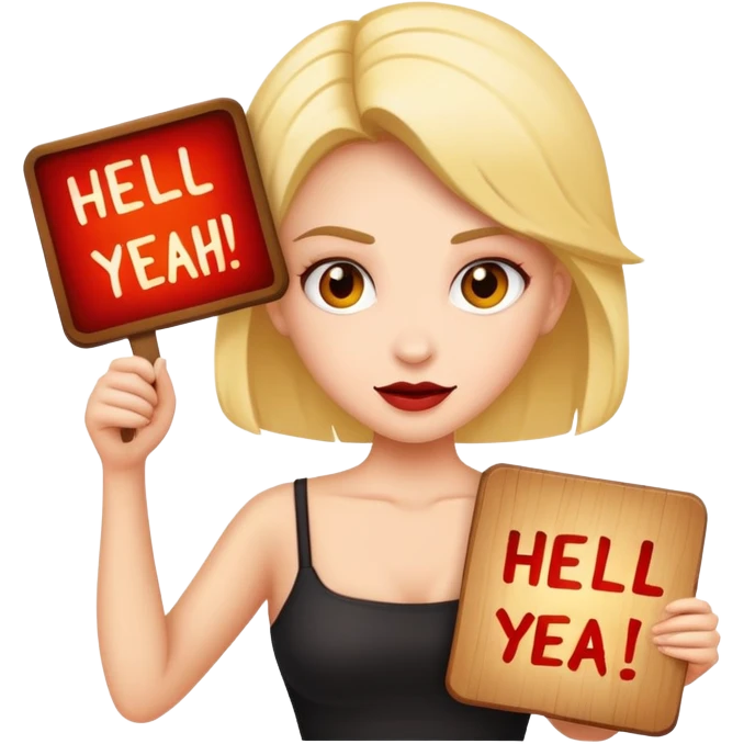 Mimi holding a sign that says “hell yeah” emoji