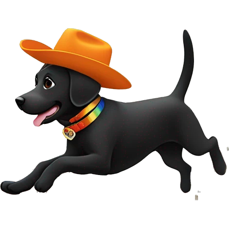 disney pixar smiling black labrador with brown cowboy hat and orange collar with a rainbow with Corricella in Procida near Naples background jumping emoji