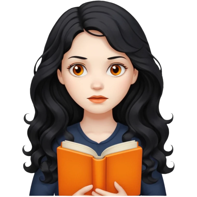 Long Hair Women with orrange Book, Black wavy hair, sad

 emoji