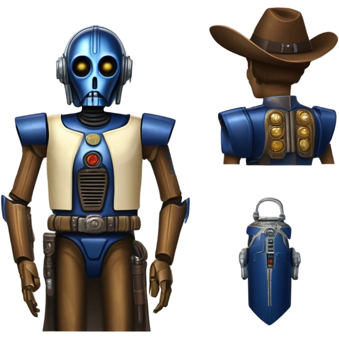 human-sized darkblue-pearl friendly bounty hunter c3po droid wearing a leather wild west duster. backpack, saddlebags holding light saber ready to fight but relaxed. antique emoji