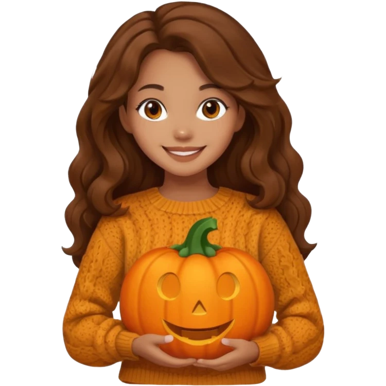 Cozy mixed girl with long wavy brown hair dressed for fall holding a pumpkin  emoji