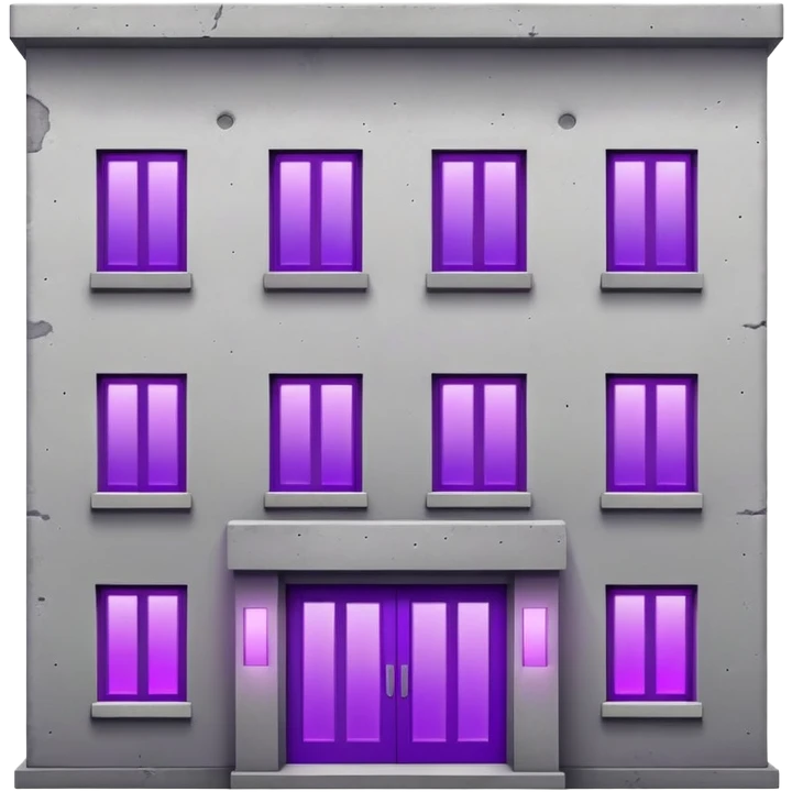 Small gray concrete apartment building with bright purple window glow, stark and simple emoji