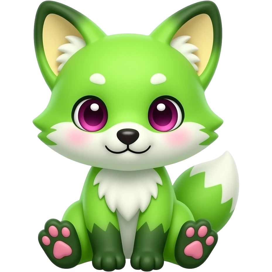 Cute chibi kawaii Neon-light-lime-green furry fox with white belly and white muzzle, dark-green paws, dark green ears, and magenta eyes, pastel-yellow-beige inside ears-pinna/ear flap, pink paw pads emoji