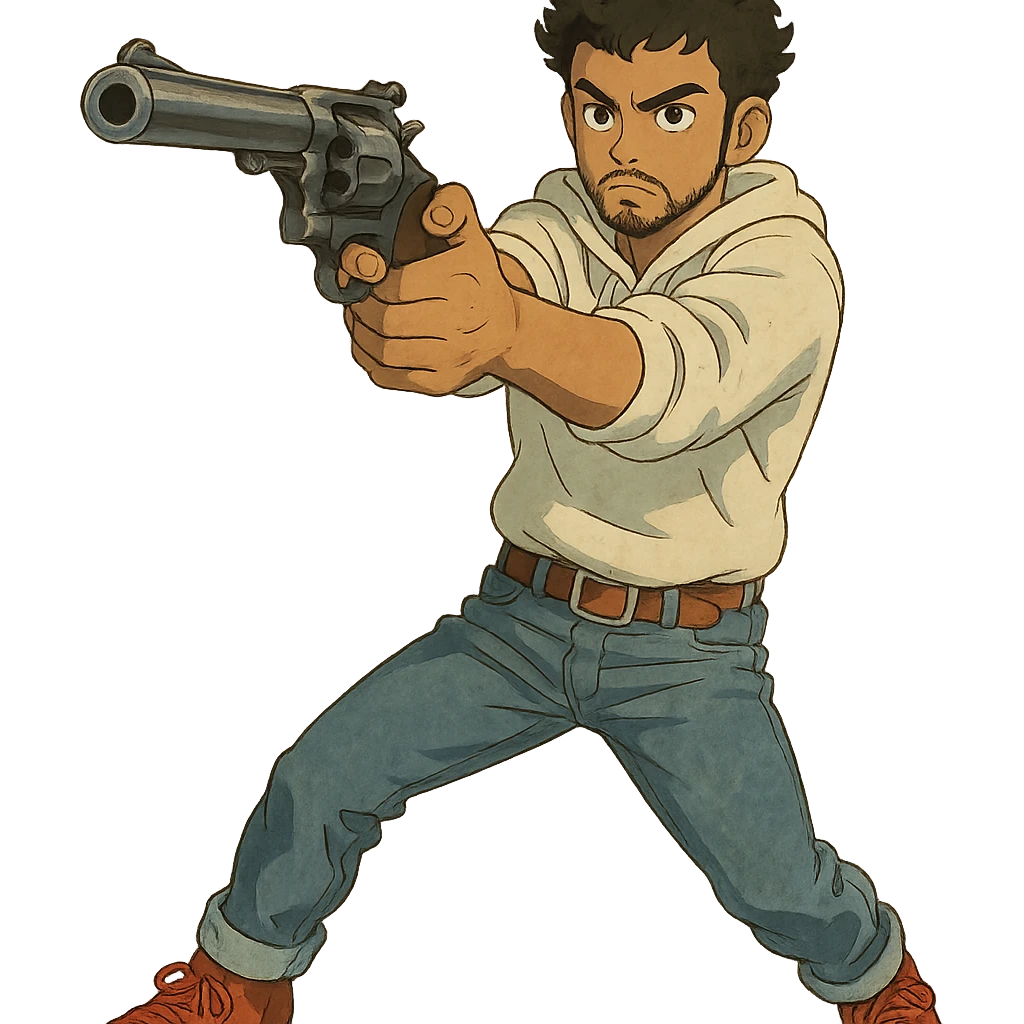 1 male, mid fade haircut dark chestnut brown curly hair, toasted lightskin, white hoodie sleeves up, fashion jeans, red fashion-sneakers shoes, red belt, short trimmed beard and goatee,  style of deku from "my hero academia", drawing a magnum revolver like dirty harry emoji