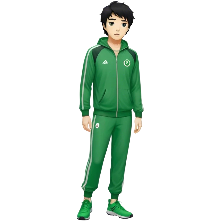 Seong Gi-hun : age 60, A tall, slim man with messy, unkempt black hair, Green player tracksuit,  emoji