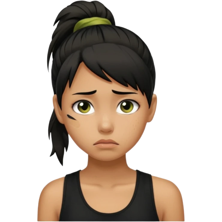 a tan girl with a black ponytail, black tank top, . Looking sad emoji